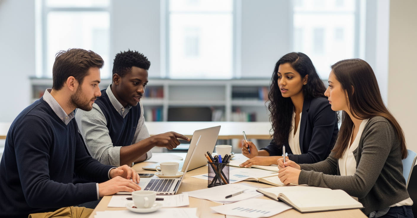 Group of males and females working in a business office around a table