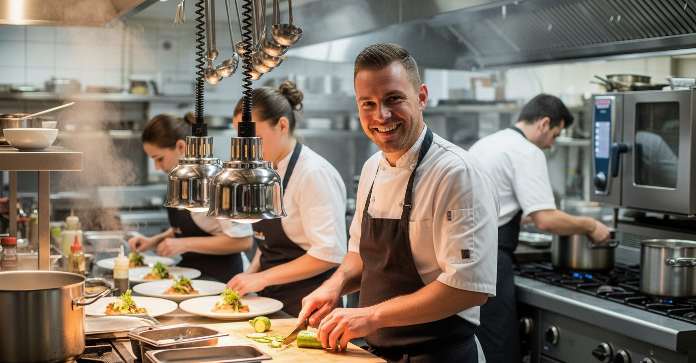 Male chef slicing a vegetable and plating food in a professional kitchen