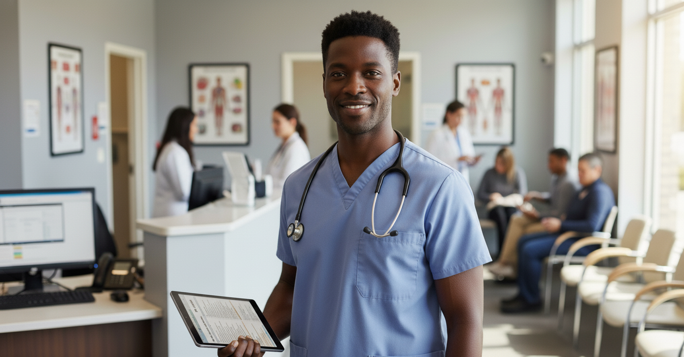 Male medical assistant working in a medical office