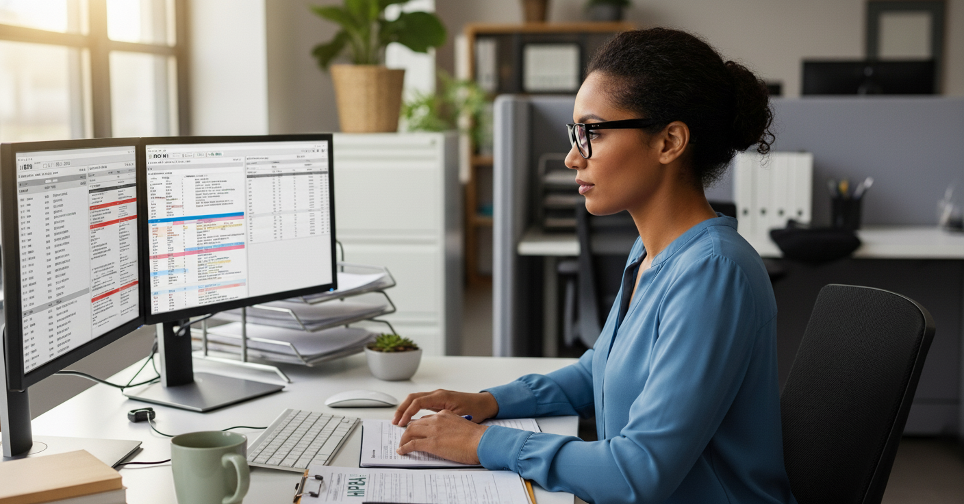 Woman in glasses working at a computer inputting data for medical billing