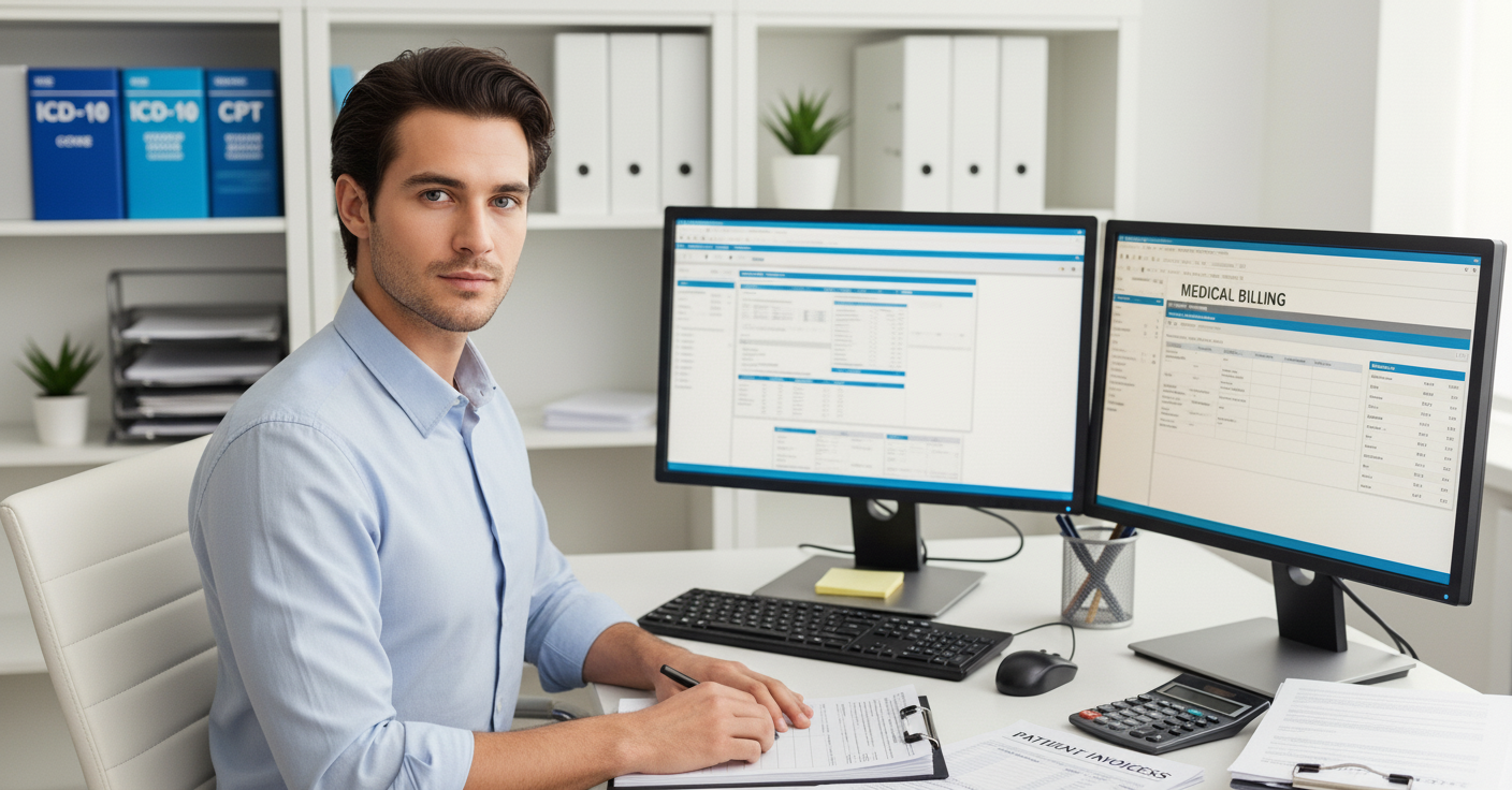 Man sitting at a desk doing medical coding and billing
