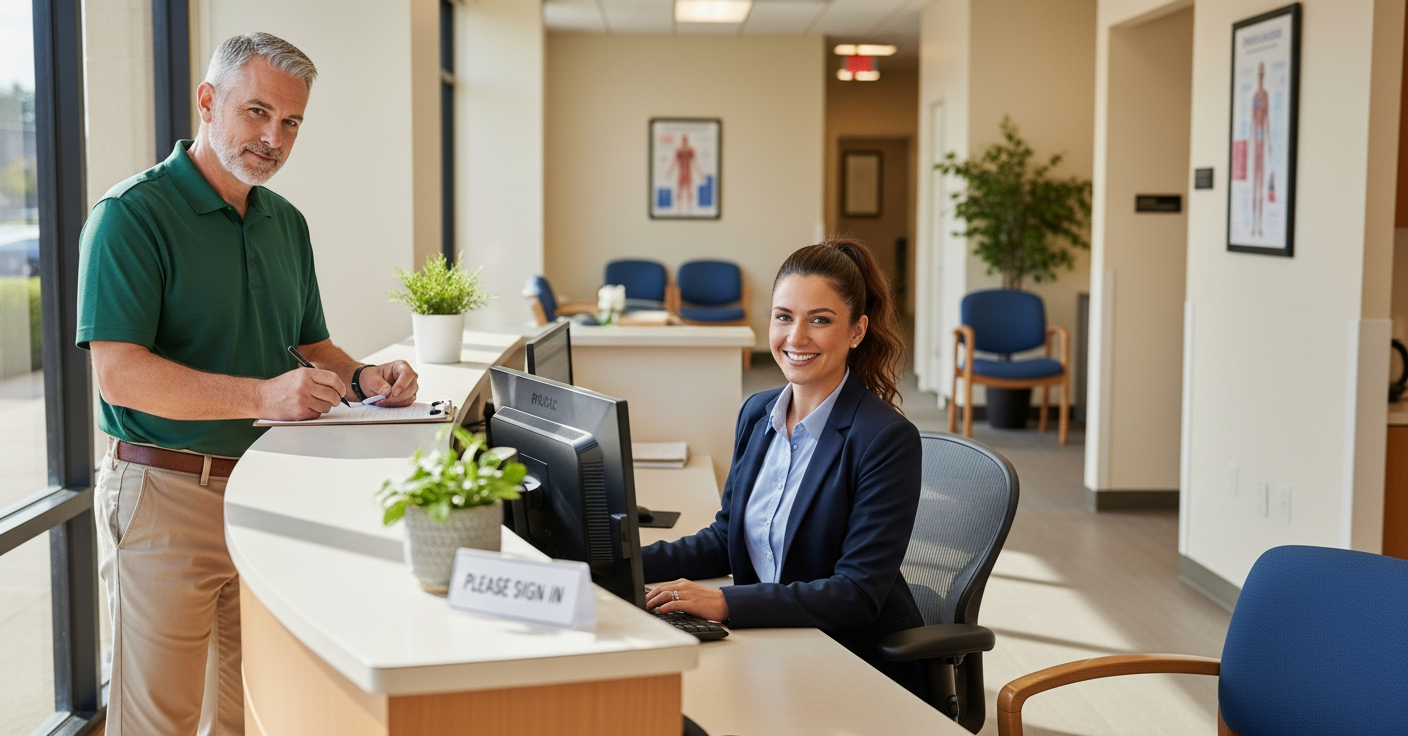 Medical office administrator sitting at a check-in desk with a male checking in for an appointment