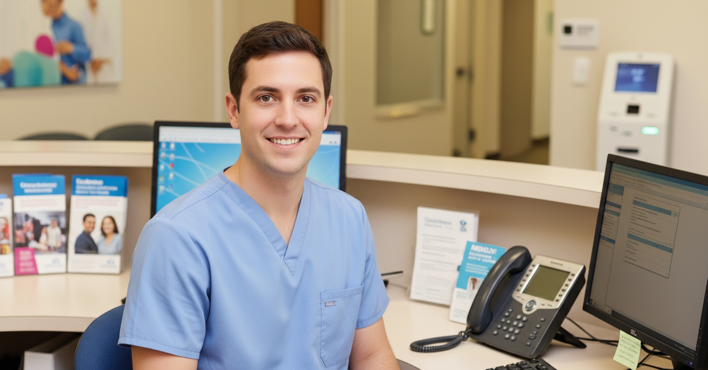 Male office administrator sitting at a desk within a medical office