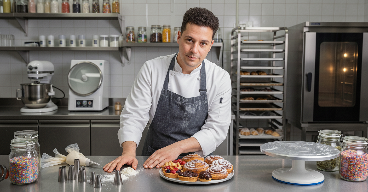 Male pastry chef working in a professional kitchen on pastries