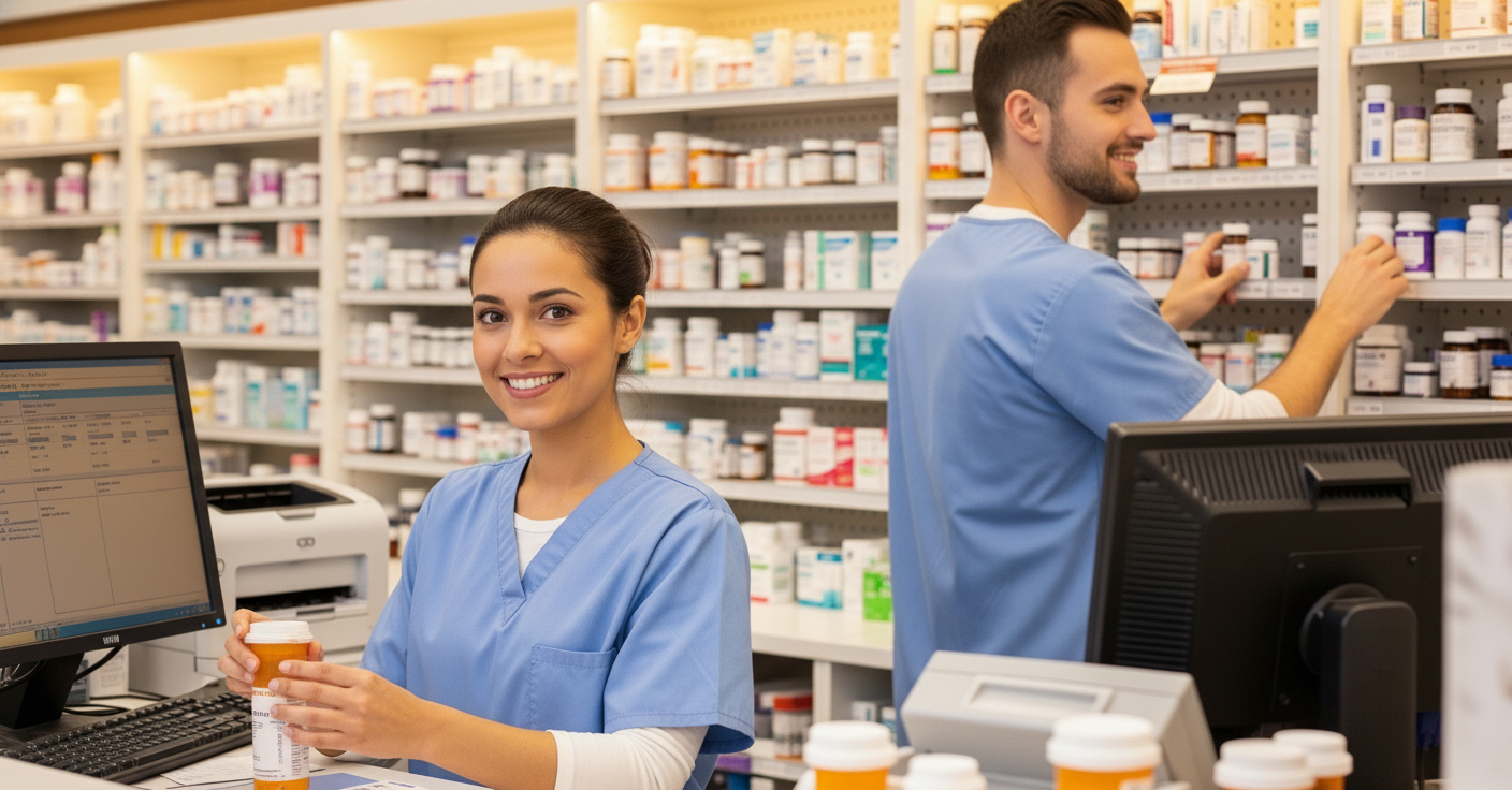 Pharmacy technicians preparing prescriptions