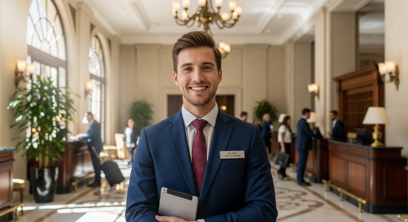 Professional male hospitality manager in business suit holding tablet in elegant hotel lobby